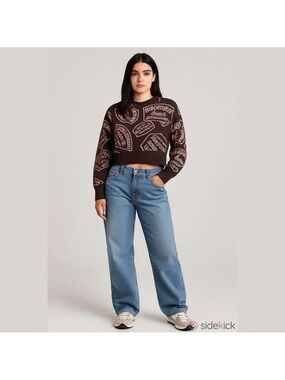 Women's True Religion NWT Brown & Pink TRBJ Jaquard Crew Neck Cropped Sweater L
